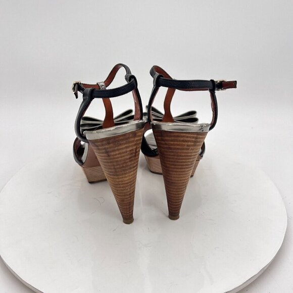 Lanvin Women Size EU 37 US 7 Black Silver Bow T Strap Platform Cone Heel Sandal - Picture 6 of 15